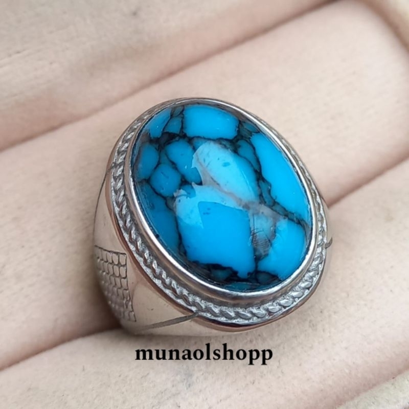 Cincin Batu Pirus Biru Serat Hitam Mewah