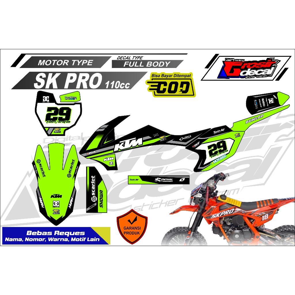 Sticker Striping Mini trail SK PRO 110cc Hijau Stabilo Full Body Free Custom