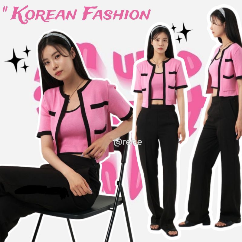 Baju Atasan Cardigan Setelan Wanita Tanktop + Cardigan Lengan Pendek