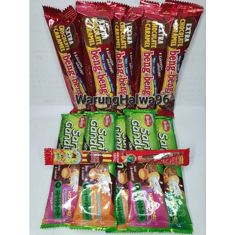 

beng-beng 5 pcs dan Roma Sari Gandum 5pcs + bonus 1pcs choki-choki