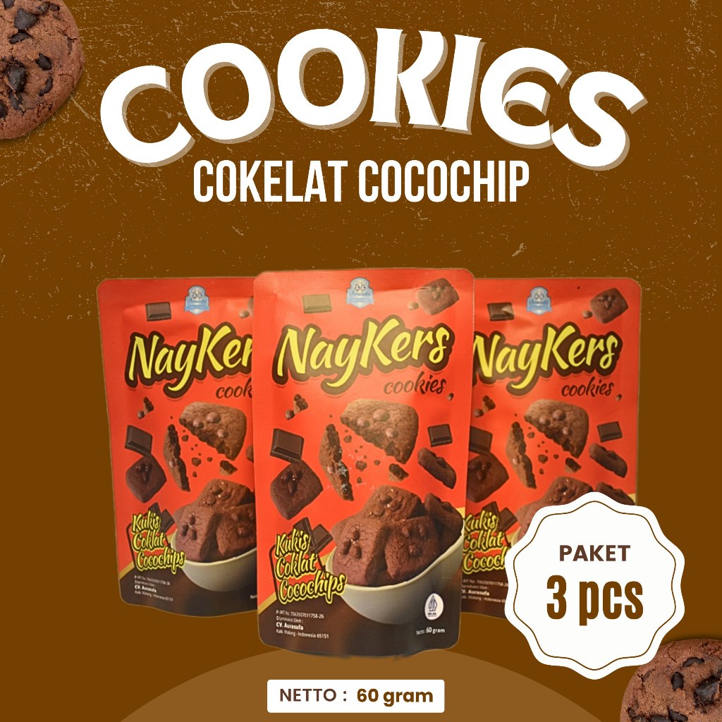 

Paket 3 Pcs Naykers Cookies Coklat Cocochip 60gr | Snack Kukis Coklat Cocochip | Camilan Kekinian | Aurasufa Food Cocochip | Camilan Premium