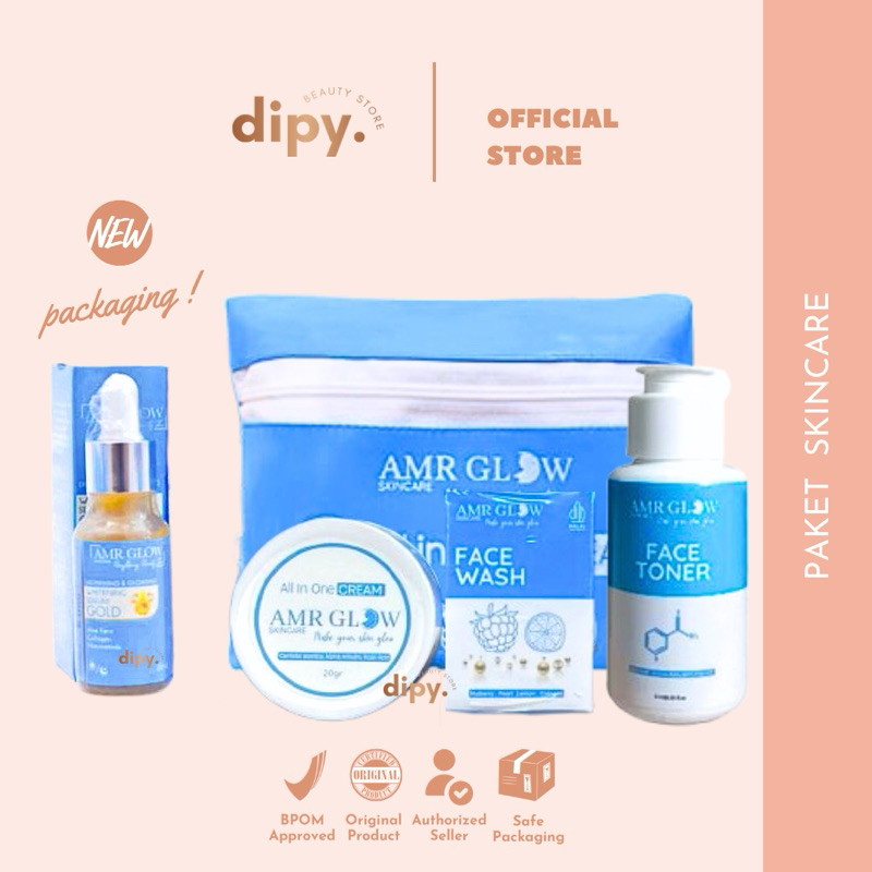 【Ori Pusat】AMR GLOW - Paket Skincare Perawatan Whitening Serum Gold All In One Cream Wajah Whitening