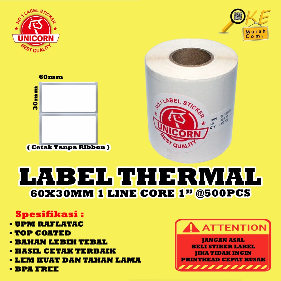 

Stiker Label Barcode Themal 60x30mm / 60x30 mm / 60 x 30 mm 1 Line Core 1" 500pcs