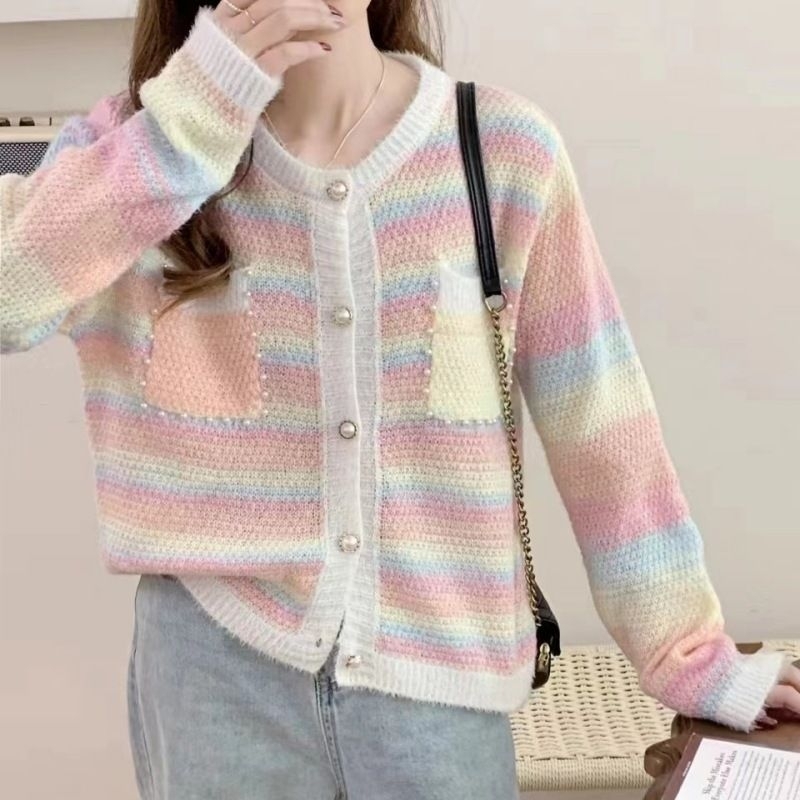 Womenmood.id cardigan crop sweter rajut wanita korea kekinian motif pelangi rainbow