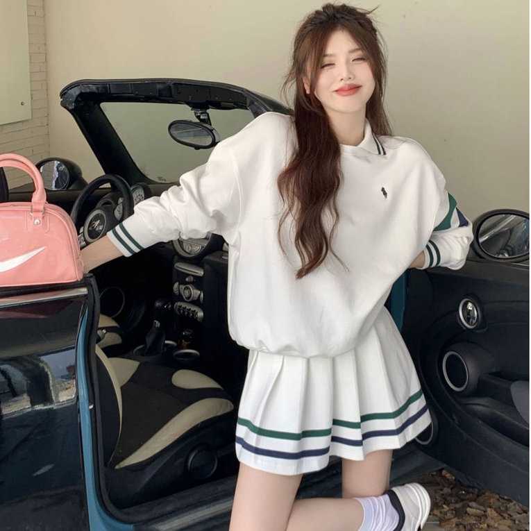 Kaus olahraga polo leher bergaris wanita jaket lengan panjang vintage Amerika Spice Girls putih atas