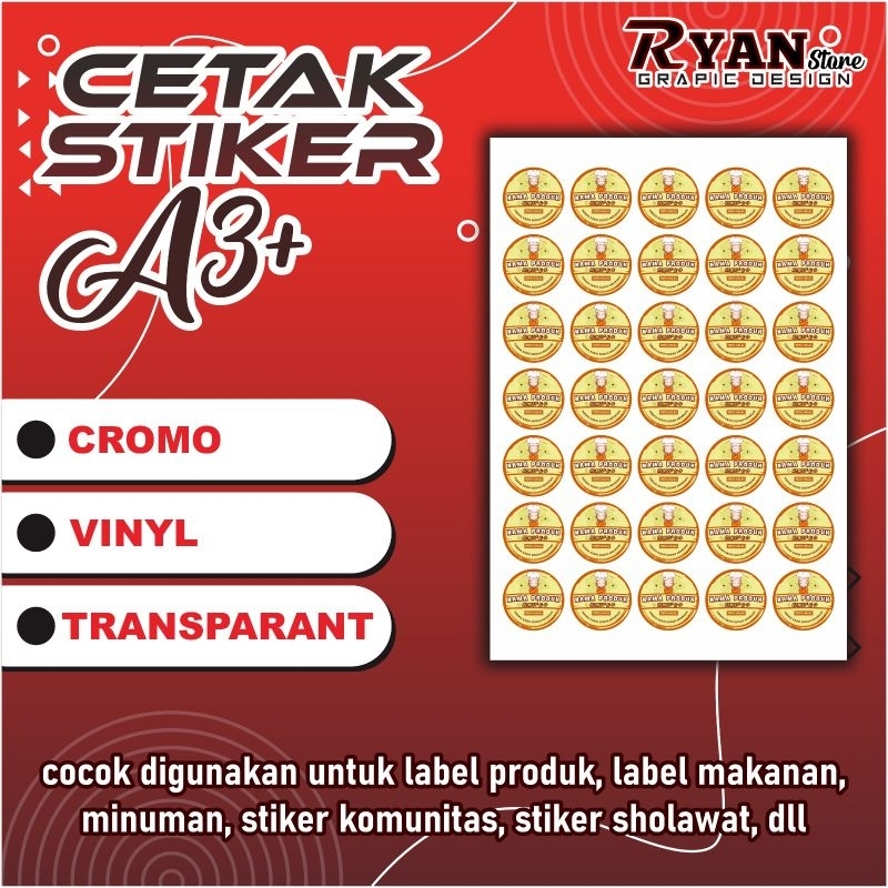 

CETAK STIKER A3/STIKER CROMO/STIKER VINYL/TRANSPARAN/STIKER PRODUK