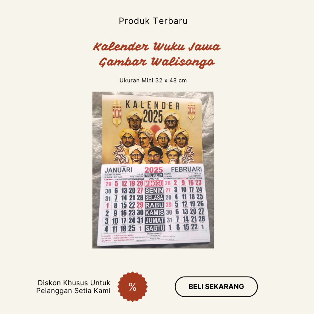 

Kalender Dinding 2025 Terbaru Wuku Jawa Gambar Wali Songo Ukuran Mini 32 x 48 Cm - Hiasan Dinding Calender Kalendar Calendar Sunan Gresik Ampel Bonang Drajat Kudus Giri Kalijaga Muria Gunung Jati Tokoh Penyebar Agama Islam di Pulau Jawa