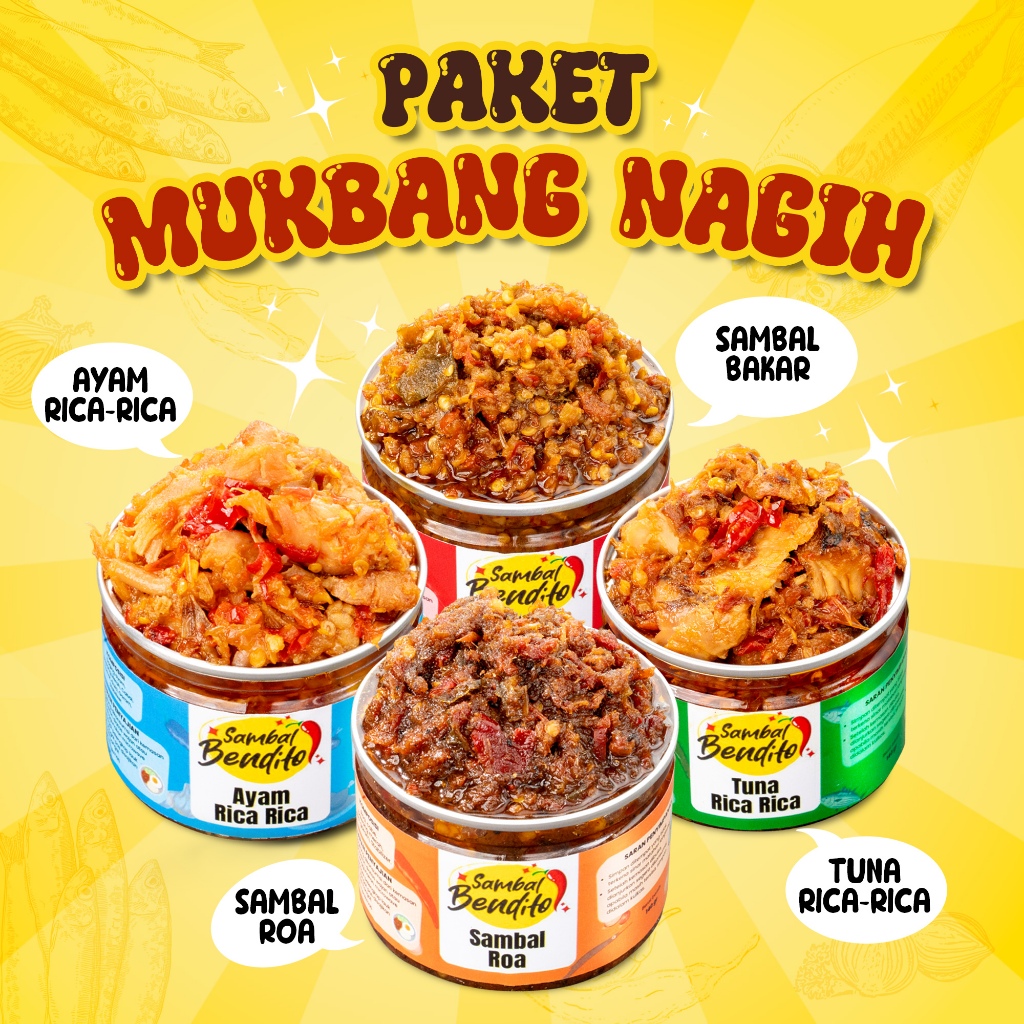 

BENDITO - Paket Hemat Sambal Isi 4 Ayam Suwir Rica Tuna Rica Sambal Roa Sambal Bakar Asli Manado