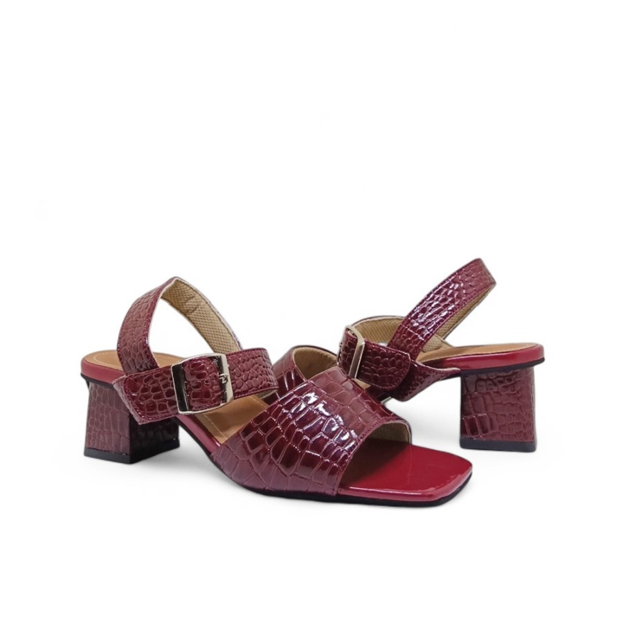 Sandal Heels Wanita Kulit Croco Merah Maroon Big Size 40-45 Sendal Pesta Marun Tali Jumbo Besar