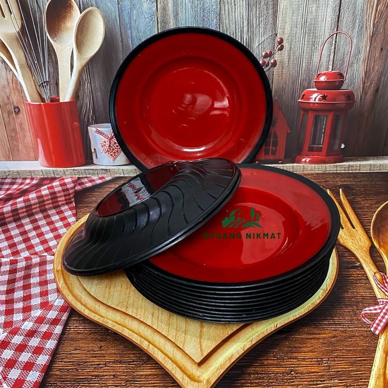 12 Pcs Piring ramen plastik merah hitam | piring makan Plastik | | Piring Murah |Piring Makan Korea 