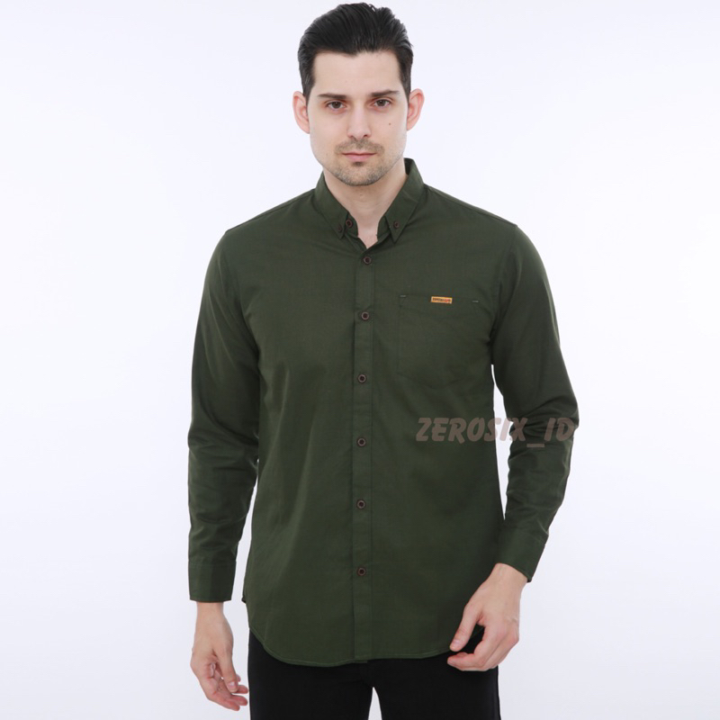 Kemeja Polos Pria Lengan Panjang Warna Hijau Army Slimfit Katun Cigaret Premium Bahan Adem Nyaman Le