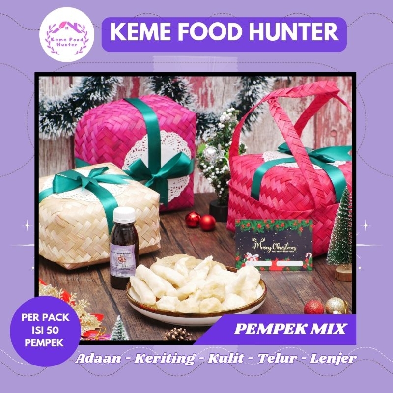 

KEME FOOD HUNTER Hampers Natal dan Tahun Baru, Idul fitri, Imlek Pempek Palembang ikan tenggiri isi 50pcs+Cuko 250ml