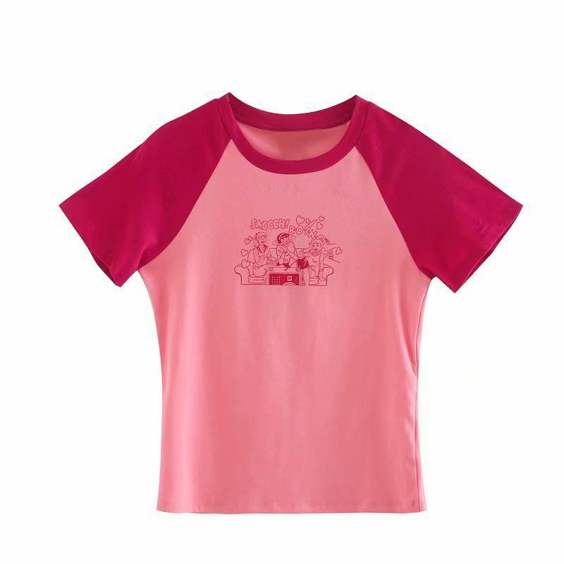 56782 summer fashion Y2k pink rose boing short sleeve top casual t-shirt / atasan kaos wanita casual