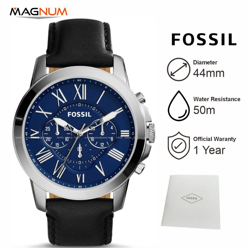 Jam Tangan Pria Fos sil FS4990 Grant Chronograph Blue Dial Black Leather Strap