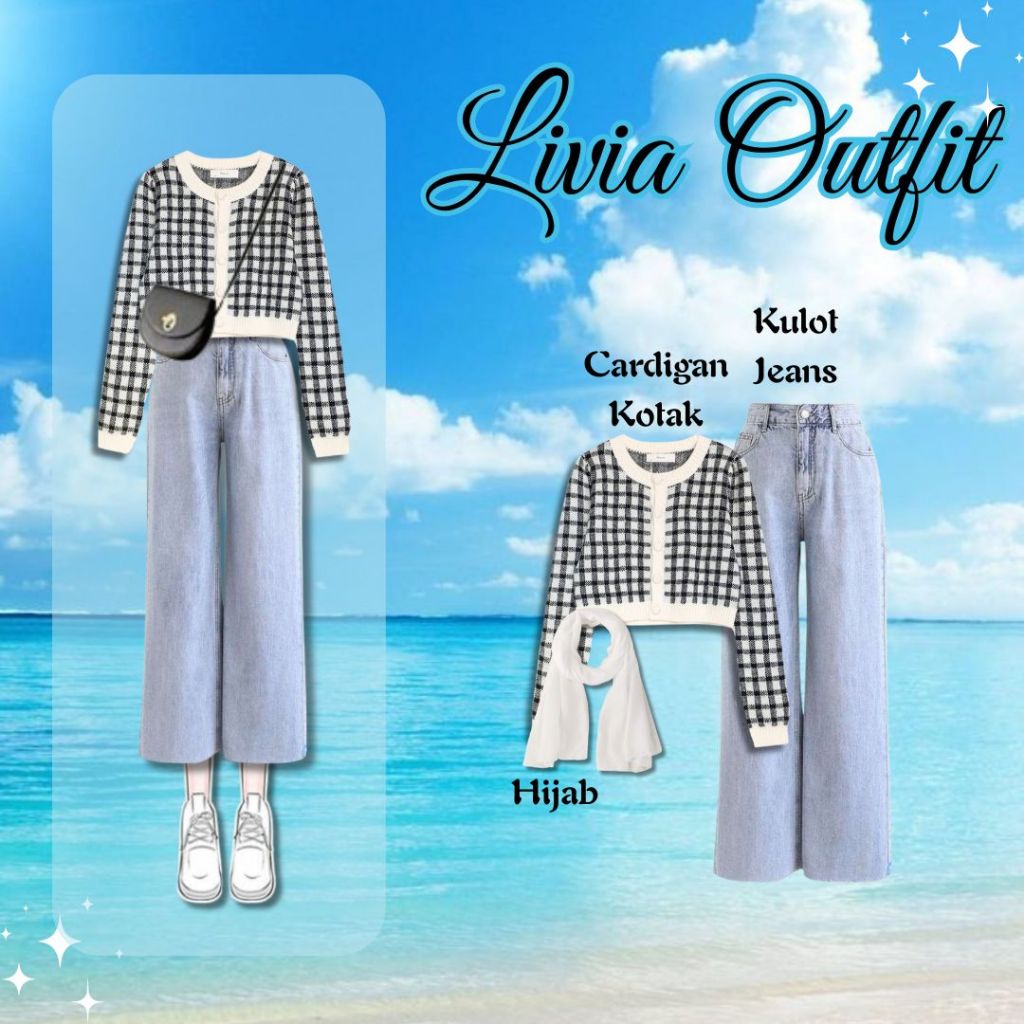 3in1 One Set Korean ( Cardigan Kotak + Kulot Jeans + Hijab ) Livia OOTD Style Kekinian