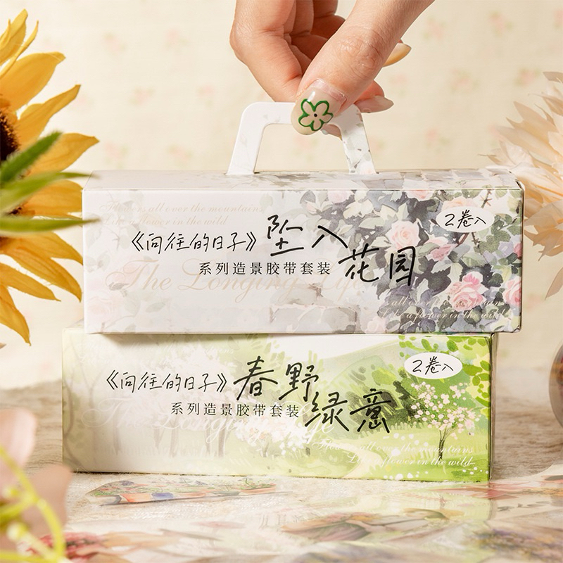 

(1FF) washi tape selotip set transparan pemandangan + wanita scenery woman field bench taman garden bridge