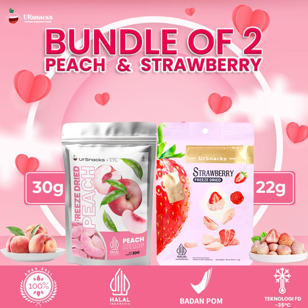 

URSNACKS Bundle Of 2 - Freeze Dried Keripik Buah Asli Rasa Strawberry + Peach - Halal BPOM Ready To Eat