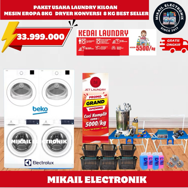 PAKET MESIN LAUNDRY KILOAN PEMULA 2 SET MESIN CUCI FRONT LOADING ELECTROLUX DRYER EROPA