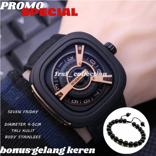 BONUS GELANG - ( BISA COD ) Jam Tangan Pria SEVEN FRIDAY M2 SF Kulit Body Segi ANTI AIR Tali Leather
