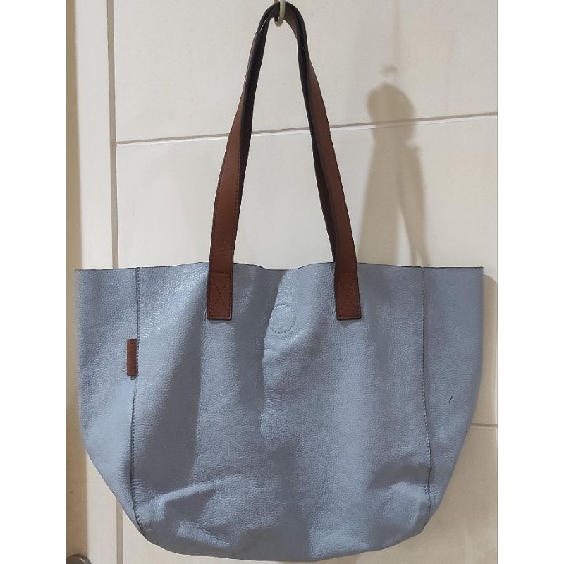 SABERO Tas Kulit Asli Tote Bag Large Biru Baby Blue Kulit Coklat Like New Leather Bag Kulit Sapi