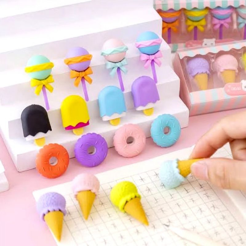 

1Set 4pcs Penghapus pensil puzzle eraser lucu makanan ice cream donat