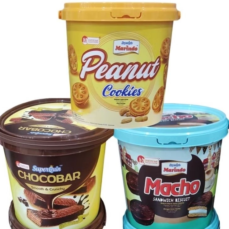 

Superquin Marindo bucket cookies biskuit toples peanut, chocobar, macho sandwich biscuit 350gr ic hampers parcel.parsel lebaran idul fitri