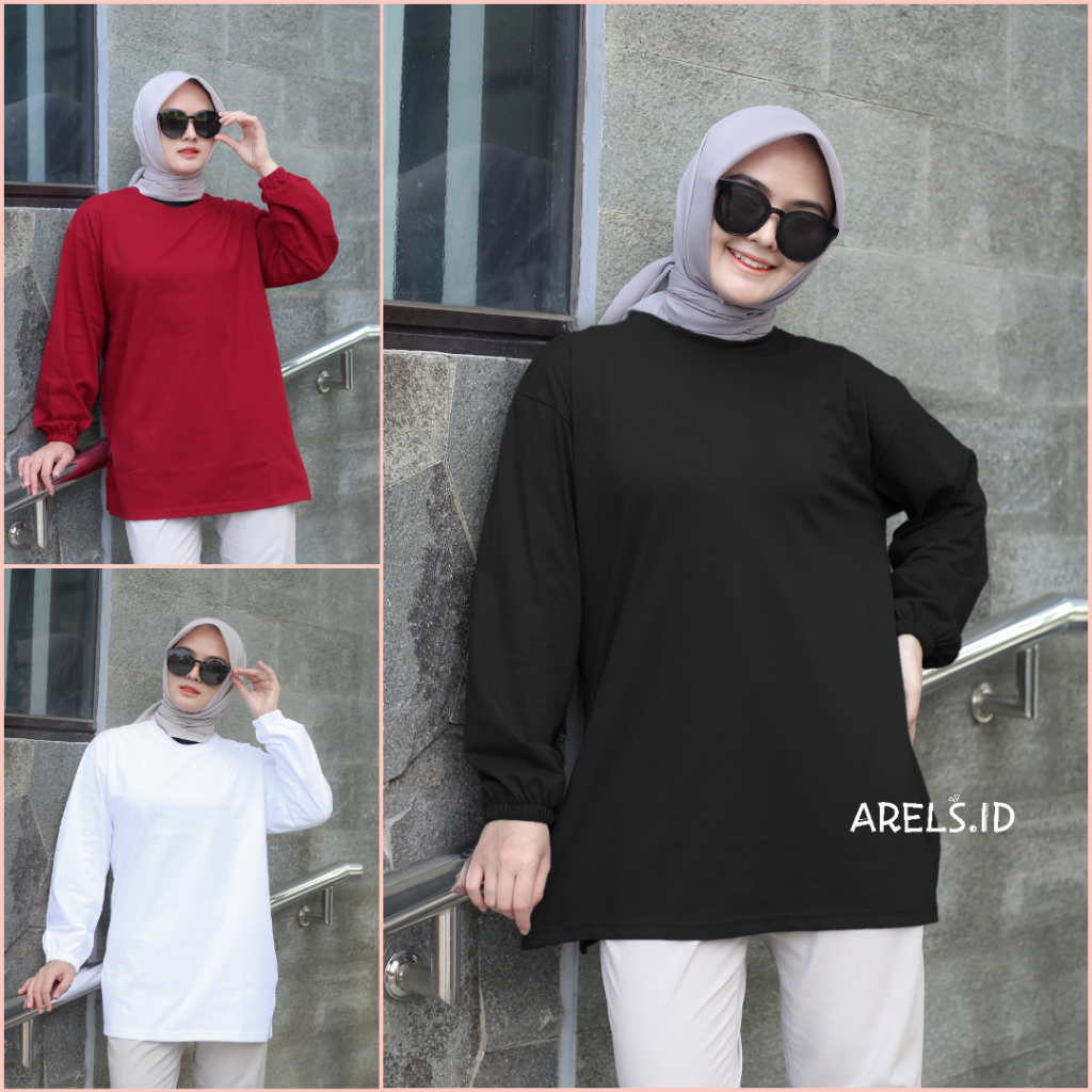 ARELS.ID KAOS POLOS OVERSIZE WANITA LENGAN PANJANG KARET KERUT KAOS POLOS JUMBO