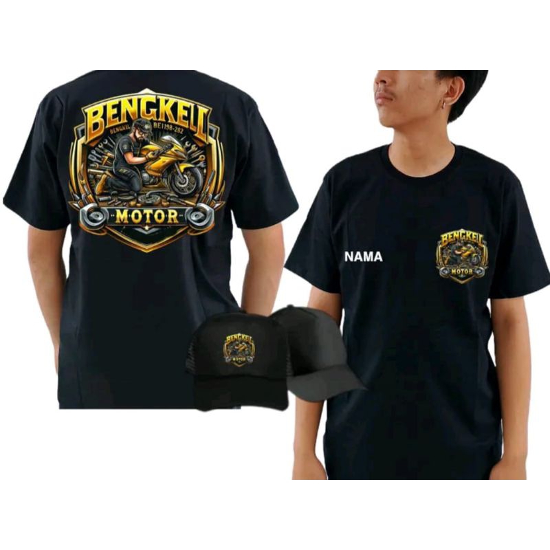 KAOS BENGKEL MOTOR BONUS TOPI CORAK GOLD