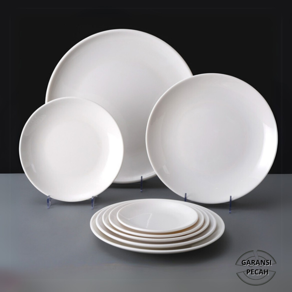 Piring Keramik Bulat Rata 18cm 20 cm dan 23cm Piring Makan Putih Elegan Piring Bulan Keramik