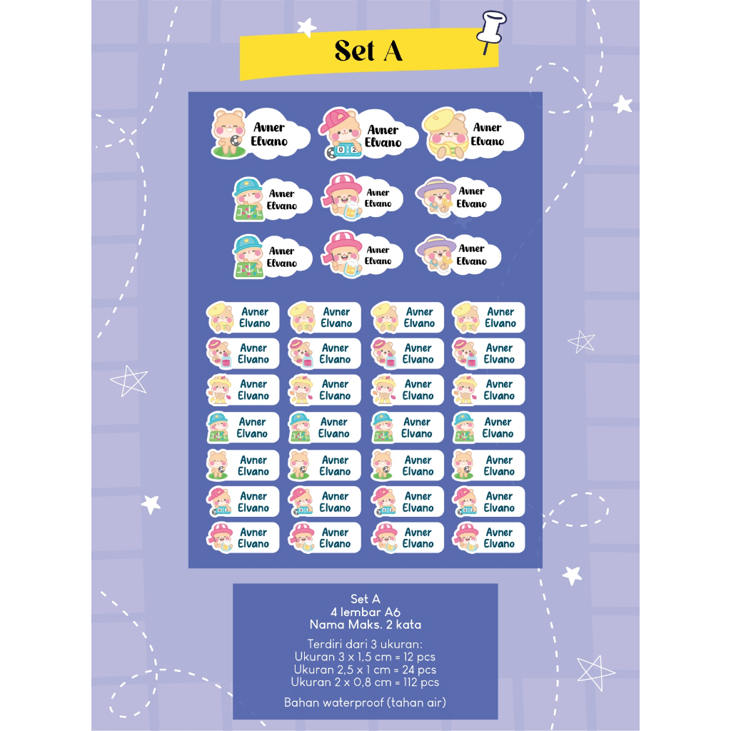 

A-I Stiker nama name tag label nama tahan air MINIMAL 2SET boleh mix tema