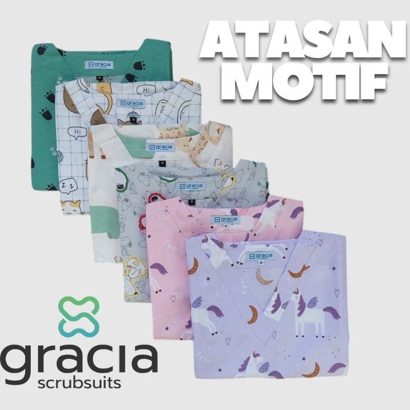 READY STOCK - GRACIA SCRUBSUITS - BAJU JAGA / SCRUB / JAGA MALAM DOKTER MOTIF MURAH size L XL