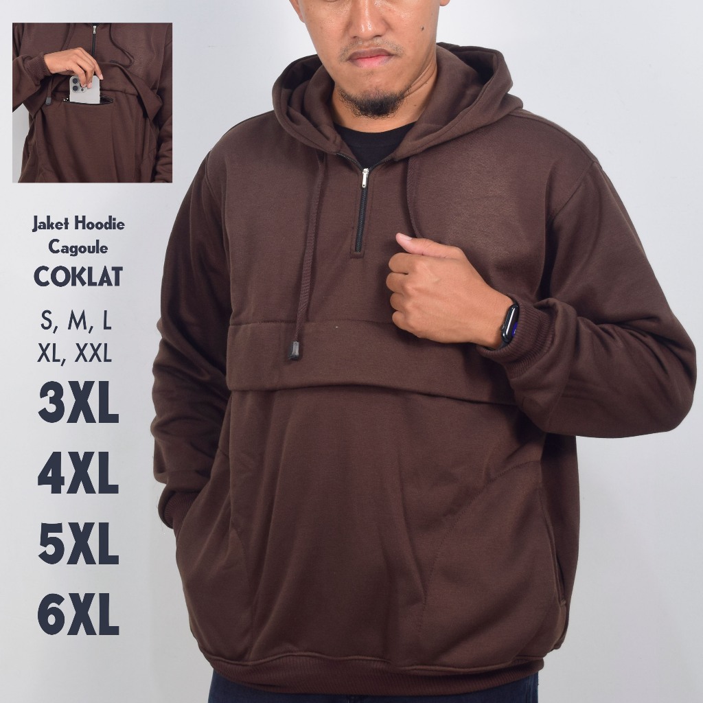 Jaket Hoodie Cagoule Coklat Pria Jumbo Big Size S M L XL XXL 3XL 4XL 5XL 6XL