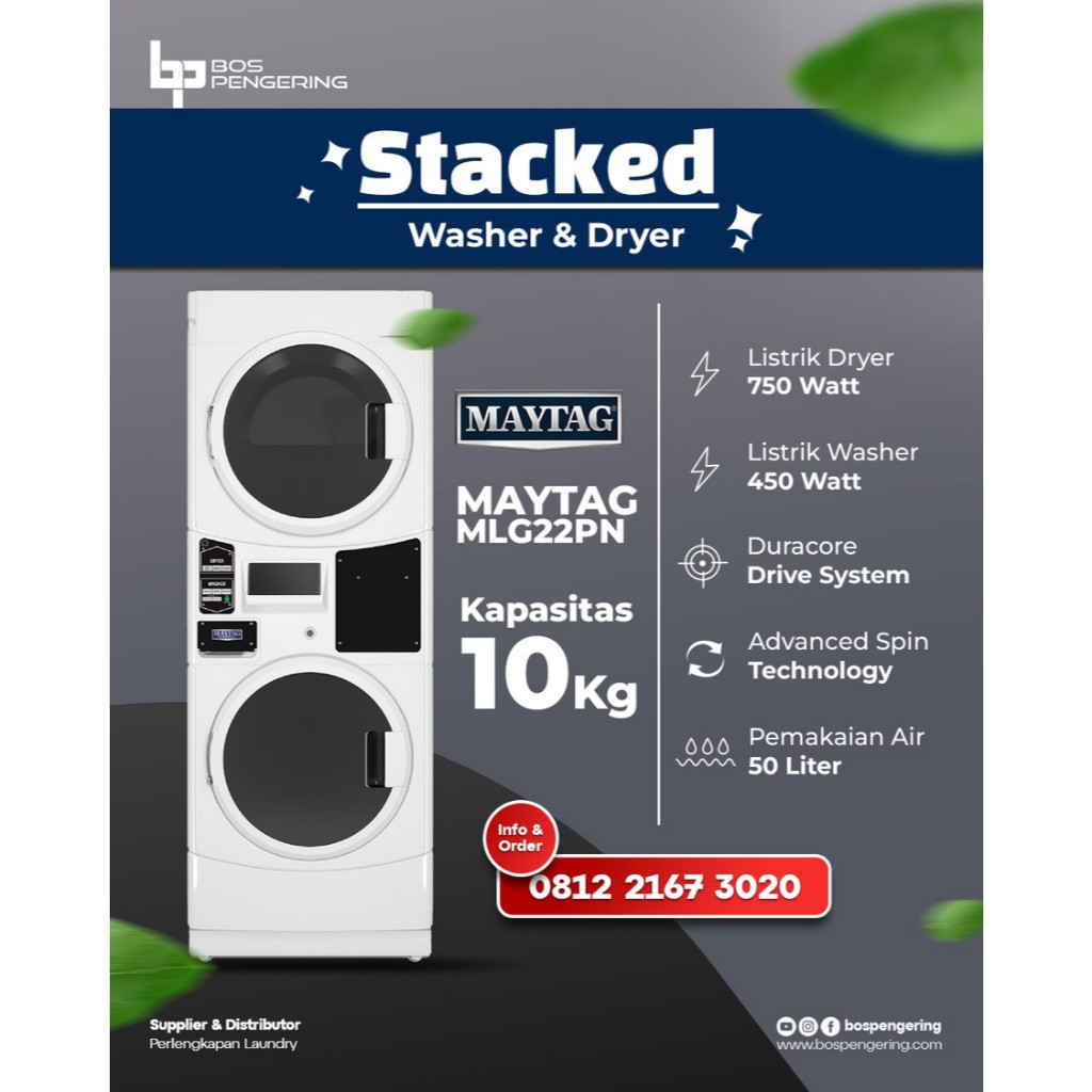 Maytag MLG22PN Palet Kayu Stacked Non Coin (Washer Maytag 10 Kg & Dryer Maytag 10 Kg)
