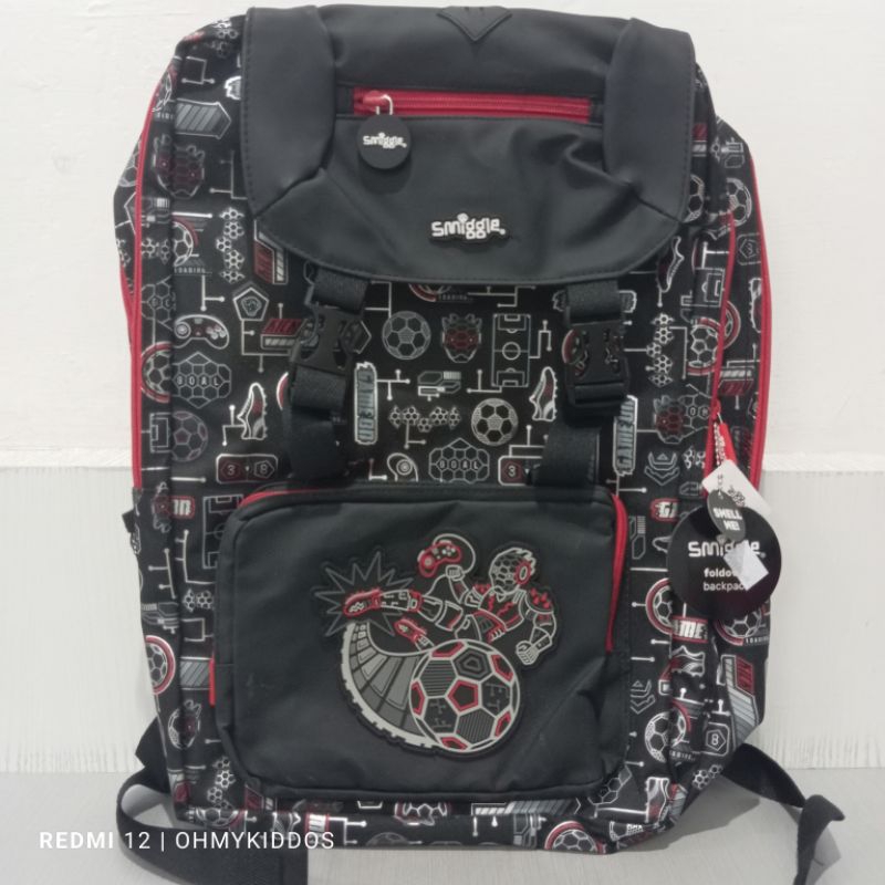 ori original smiggle away foldover backpack black robot soccer tas ransel anak sekolah ABG SD SMP re