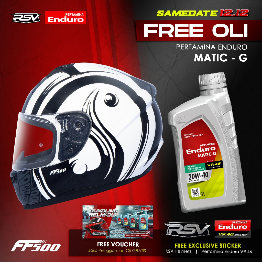 HELM RSV FF500 SOLID / MOTIF + GRATIS OLI PERTAMINA ENDURO MATIC G + FREE 2 STICKER + FREE VOUCHER J