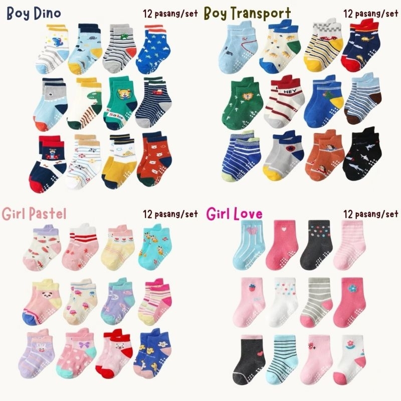 Lafleurkids 12in1 Socks Set / Kaos Kaki Set Anak Laki-Laki Perempuan / Kaos Kaki Dino Transpor Love 