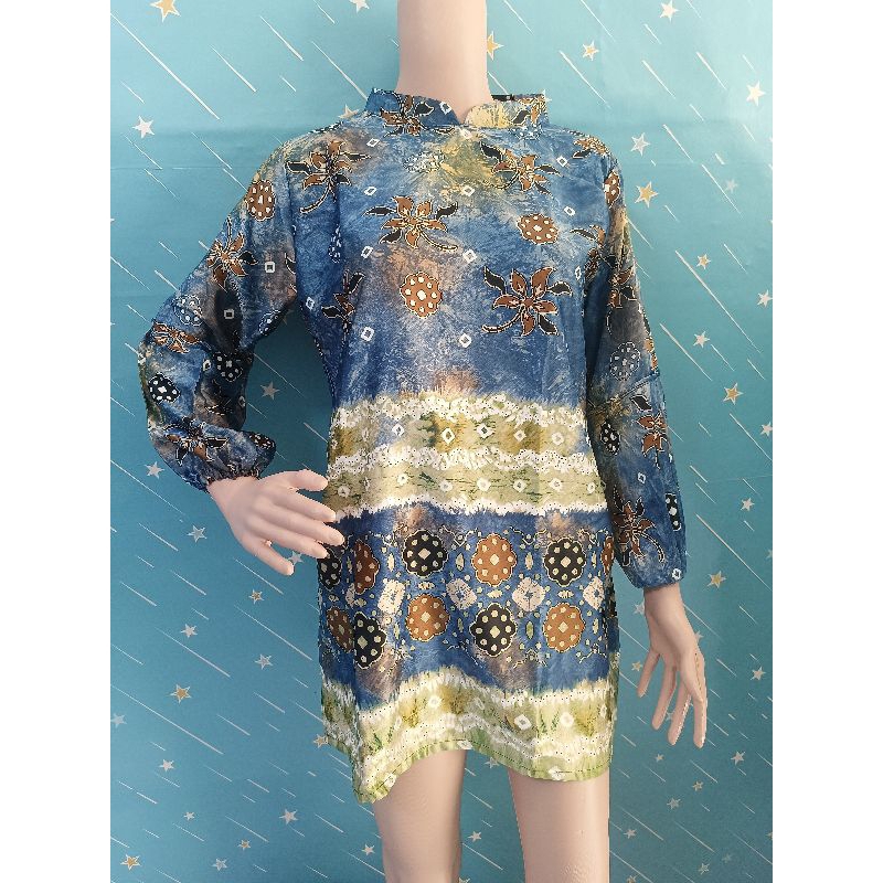 tunik jumputan velvet print (biru)/tunik kerja