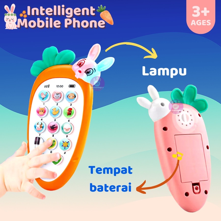 MAINAN EDUKASI ANAK BAYI HANDPHONE BUNYI TELEPON SILIKON BENTUK WORTEL KELINCI/MAINAN ANAK HP WORTEL