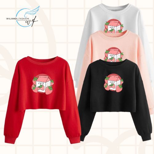 WILIANDI Sweater Crop Top Korean Style Anak Perempuan Motif Strawberry Milk Usia 4-13 Tahun Kekinian