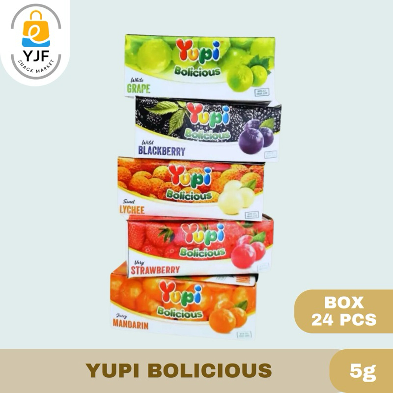 

Yupi Bolicious BOX / Permen Yupi Jelly Rasa Buah Yupi Strawberry / Blackberry / Leci / Mangga / Anggur - BOX 24PCS X 5g