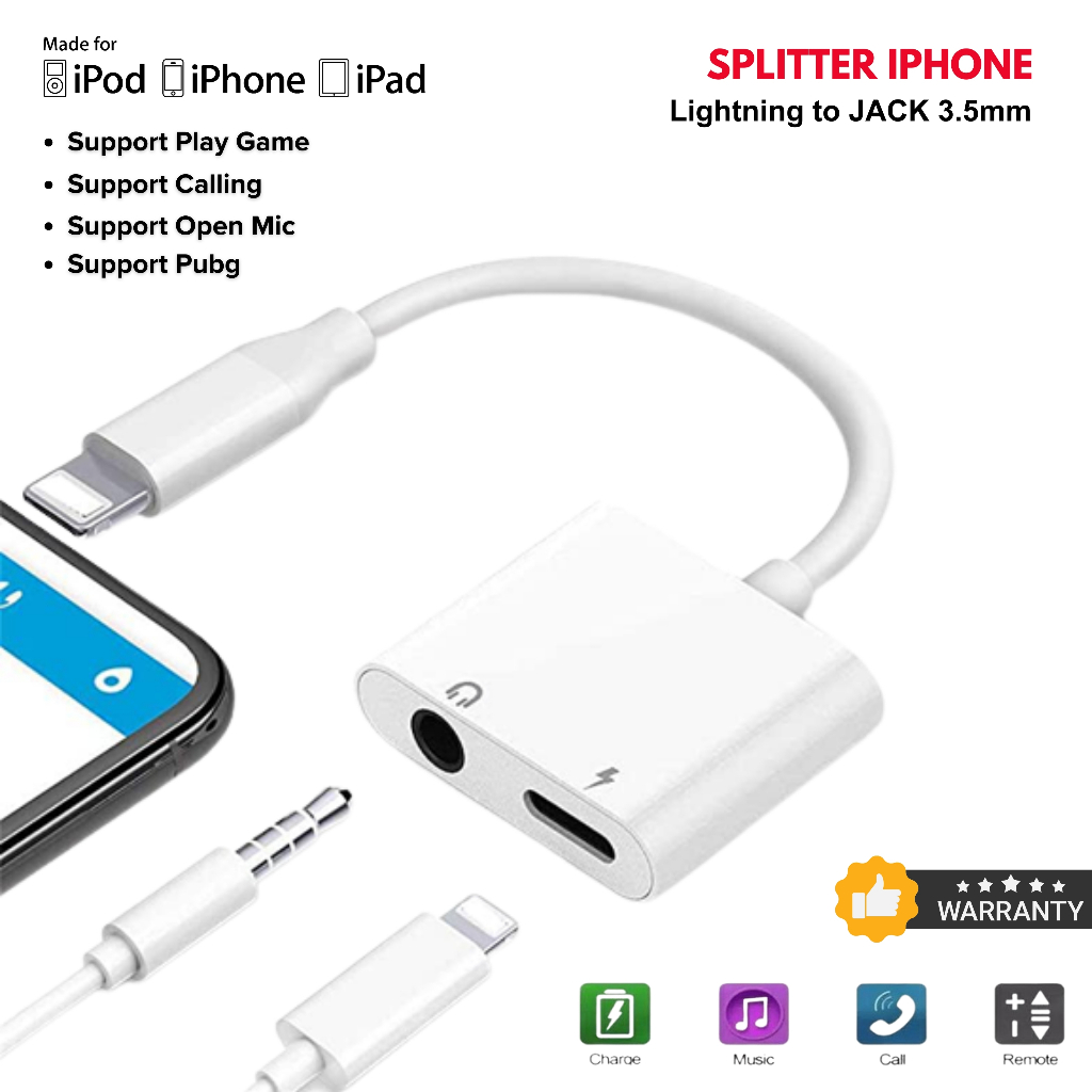 (SUPPORT OPEN MIC) ADAPTER LIGHTNING to JACK 3.5MM IPHONE AUDIO JACK DUAL CONNECTOR | SPLITTER IPHON