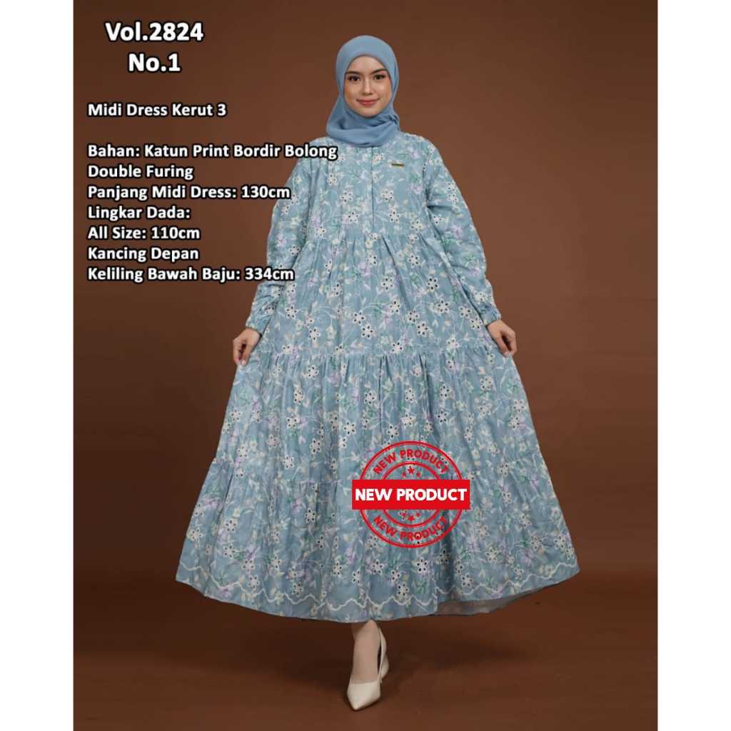 DRESS KATUN BOLONG- DRESS RUFLLE KATUN PRINT BORDIR BOLONG 2824 MOTIF TERBARU