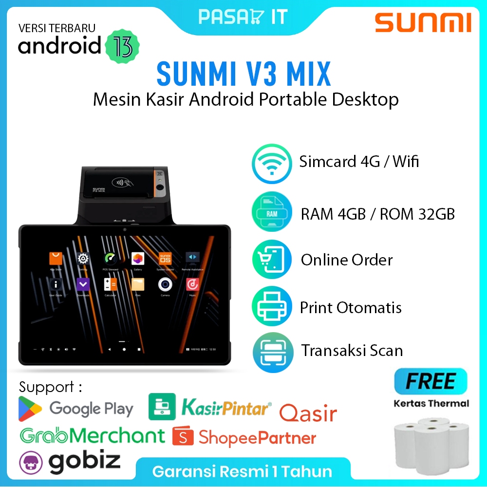 Mesin Kasir Android Portable SUNMI V3 Mix 4/32GB 4G WIFI Thermal Printer Scanner Barcode Bergaransi