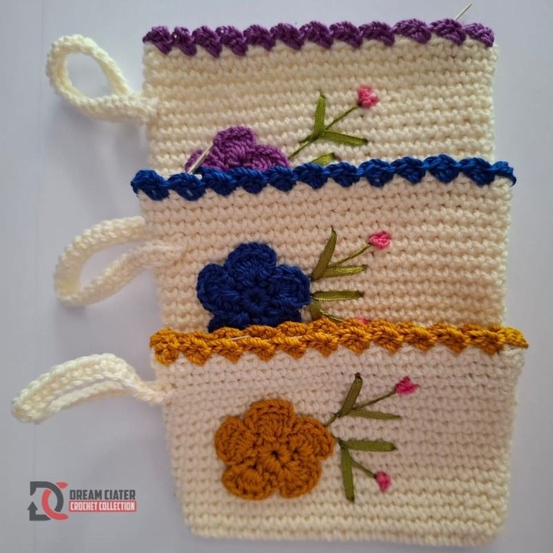 Dompet koin rajut tangan motif bunga/dompet wanita