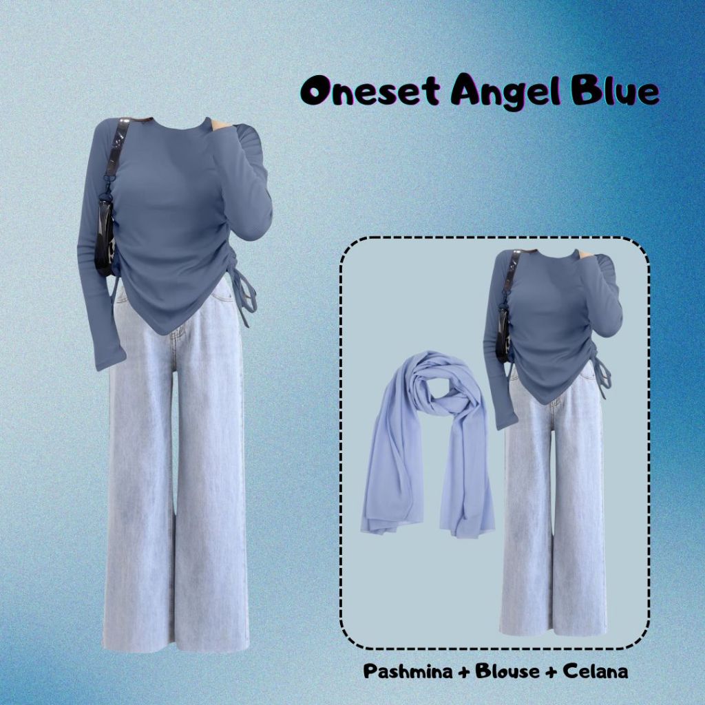 Setelan Angel Pashmina Blouse Tali Celana Jeans Outfit Hangout - Blue