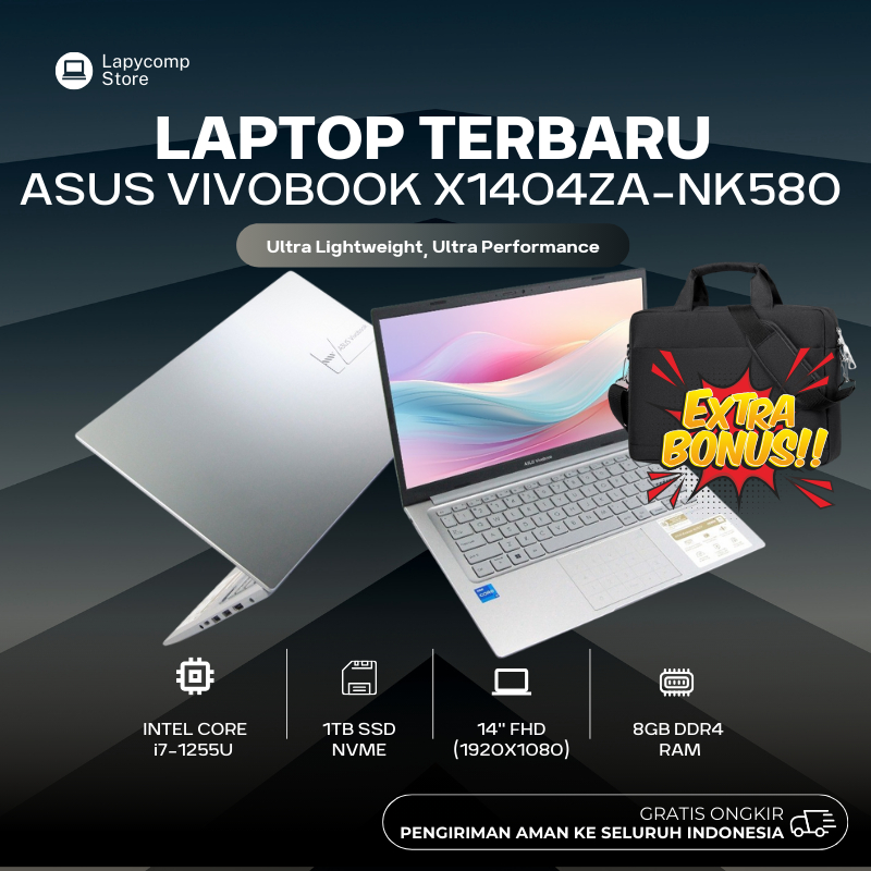 LAPTOP BARU ASUS VIVOBOOK-NK580 INTEL i7-1255U SSD TINGGI 1TB NVME RAM 8GB LAYAR FULL HD 14 FREE TAS