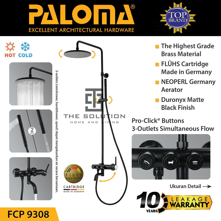 PALOMA FCP 9308 Rain Shower Kamar Mandi Satu Set Sower Tiang Panas Dingin Pro Click Kuningan Brass