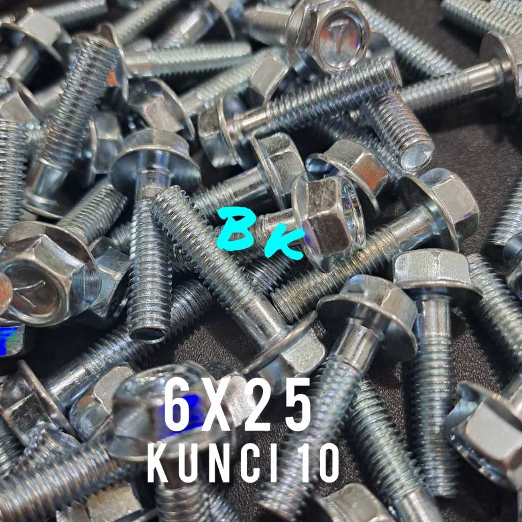 Baut Flange Bolt M6x25  Kunci 10/Baut Topi Flange Bolt 6x25 Putih Kunci 10(Satuan)