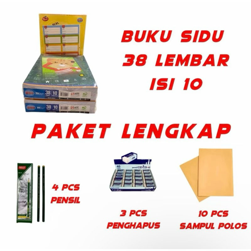 

BUKU SIDU 38 LEMBAR paket isi buku sidu 38L isi 10, 4 pcs pensil, 3 penghapus Dan Sampul polos isi 10L