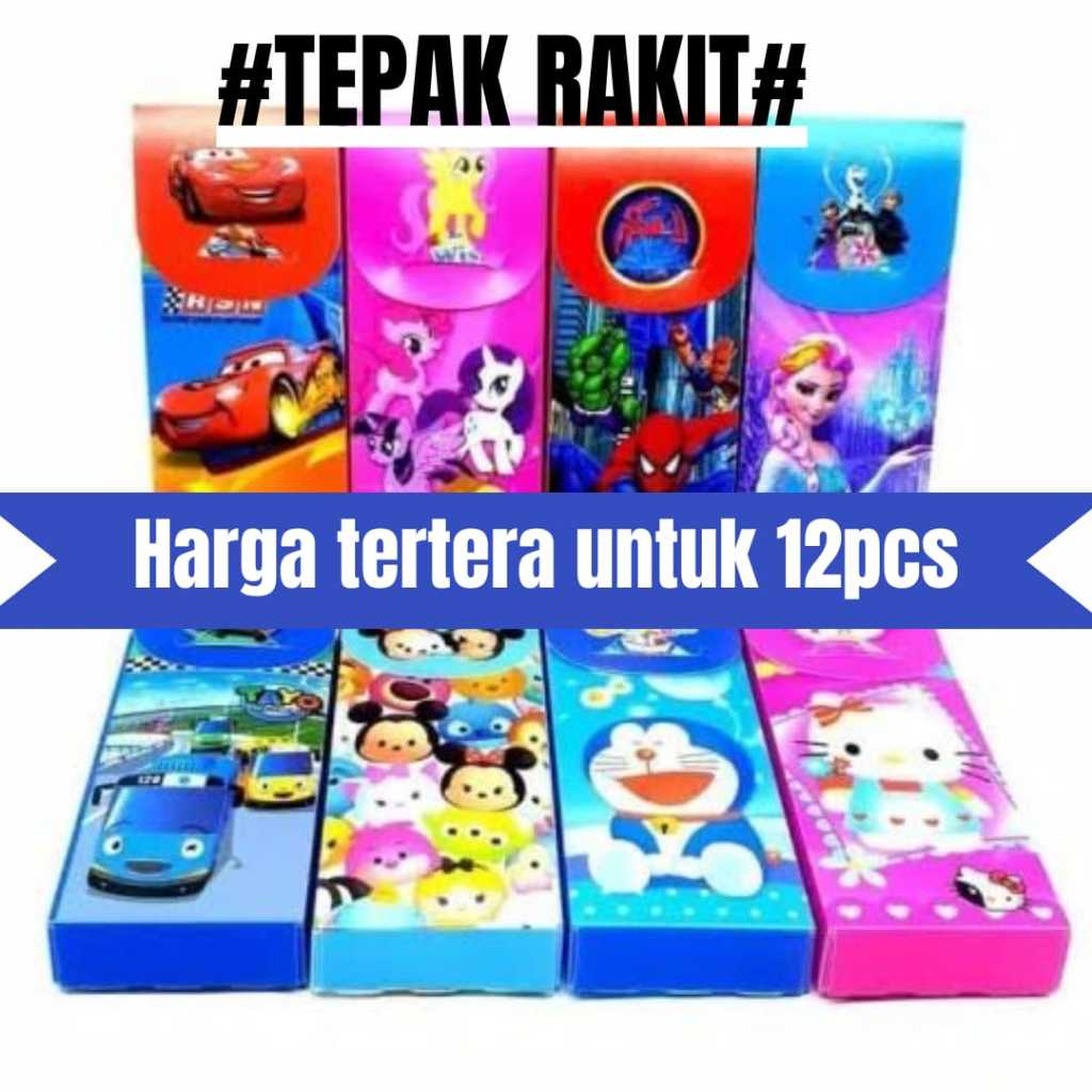 

( 1Packs /12pcs ) Kotak Pensil Mika Rakit 20X8X3cm karakter + Kantong plastik